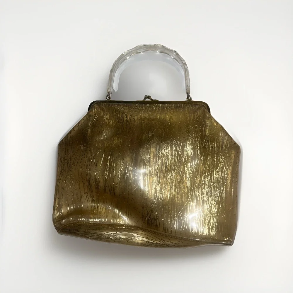 Vintage Kiss Lock Handbag Gold Vinyl Cocktail Party Trendy Y2K Date Night